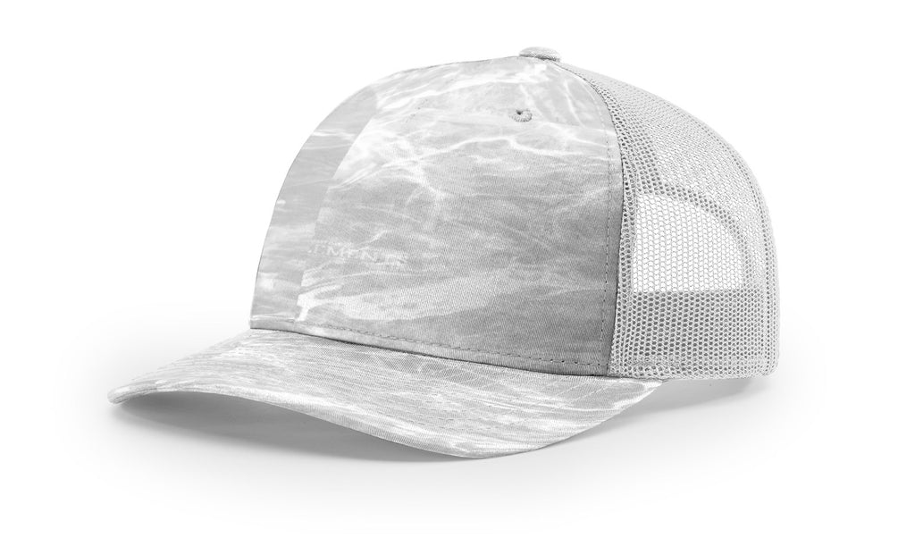 Richardson 112 PFP - Printed 5 Panel Trucker Hat – Mossy Oak Elements Bonefish/Light Grey - Custom Leatherette Patch w Your Logo