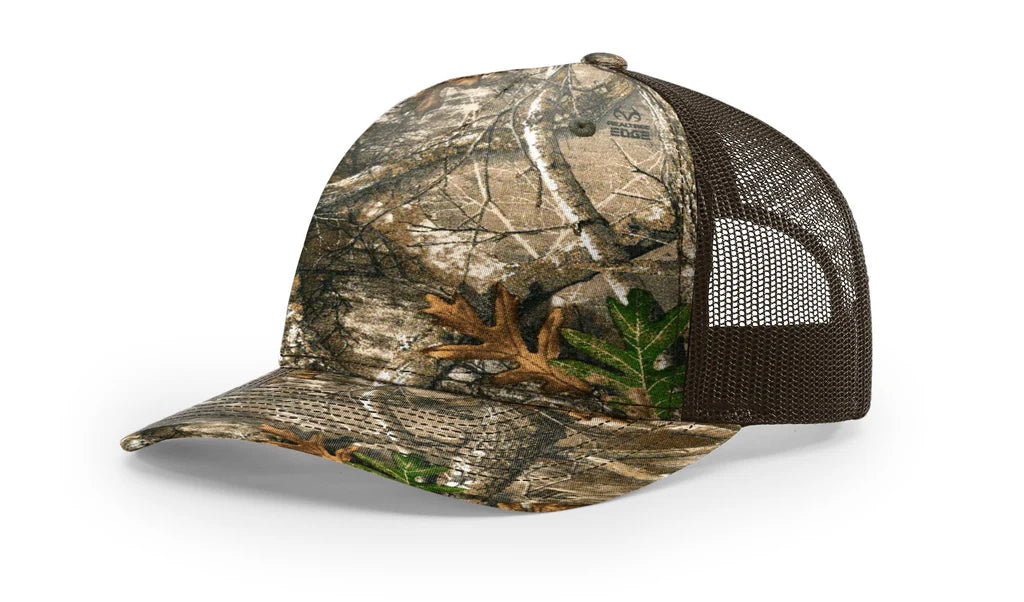 Richardson 112 PFP - Printed 5 Panel Trucker Hat – Realtree Edge/Brown - Custom Leatherette Patch w Your Logo