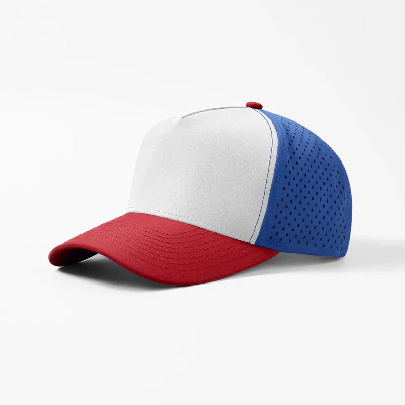 Foremost 6526 - 5 Panel Laser Performance Hat – R.Blue+White+Red - Customized with Your Logo