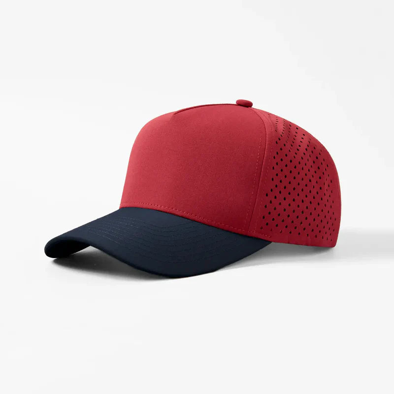 Foremost 6526 - 5 Panel Laser Performance Hat – Red+Navy - Customized with Your Logo