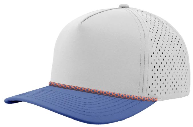 Zapped Blackhawk 5-Panel Rope Laser Perf Hat – Off White and Blue w Blue/Orange Chainlink Rope - Customized with Your Logo