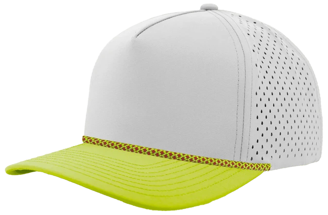 Zapped Blackhawk 5-Panel Rope Laser Perf Hat – Off White and Mellow Green w Geen/Red Chainlink Rope - Customized with Your Logo