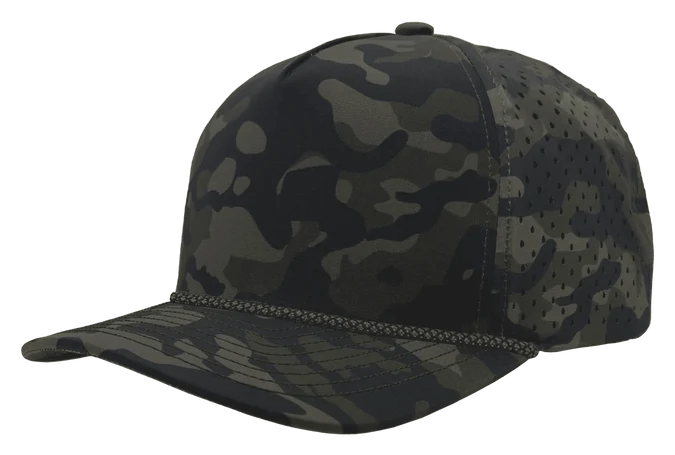 Zapped Blackhawk 5-Panel Rope Laser Perf Hat – Olive Camo w Rope - Customized with Your Logo